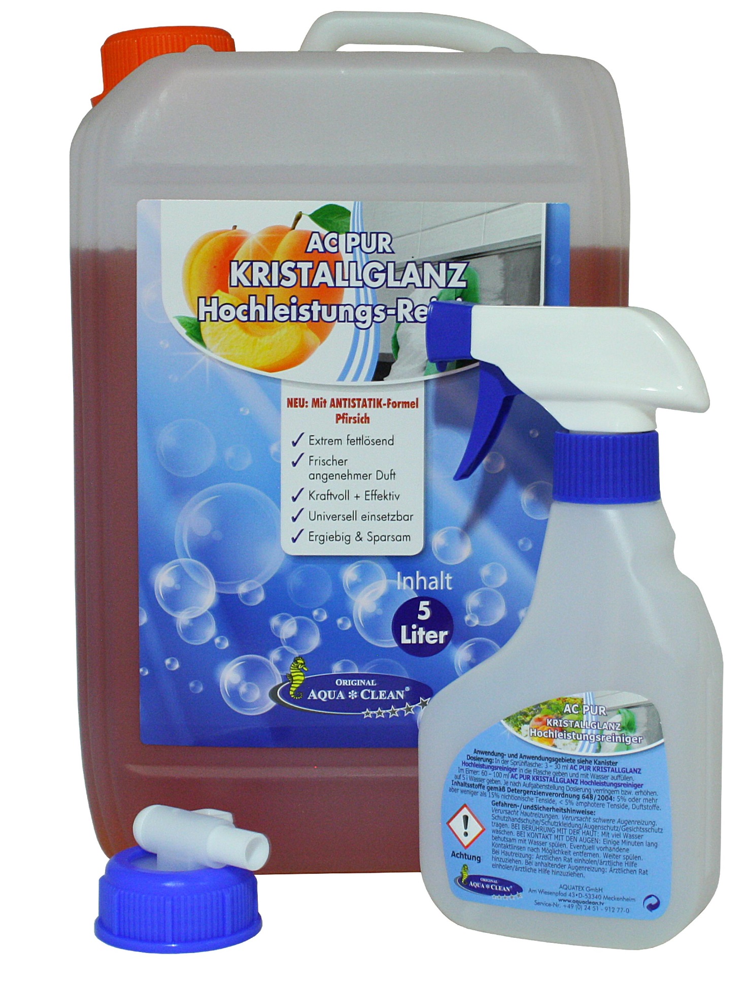 AQUA CLEAN PUR Kristallglanz Hochleistungs-Reiniger 5l Neu: Mit ANTISTATIK-Formel Pfirsich 